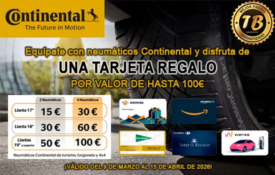 Hasta 100€ en tarjeta regalo con la compra de neumáticos Continental de turismo, 4x4 o furgoneta