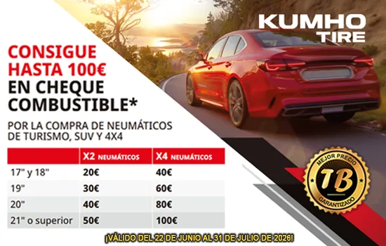 Consigue hasta 100€ en cheque combustible por la compra de neumáticos Kumho